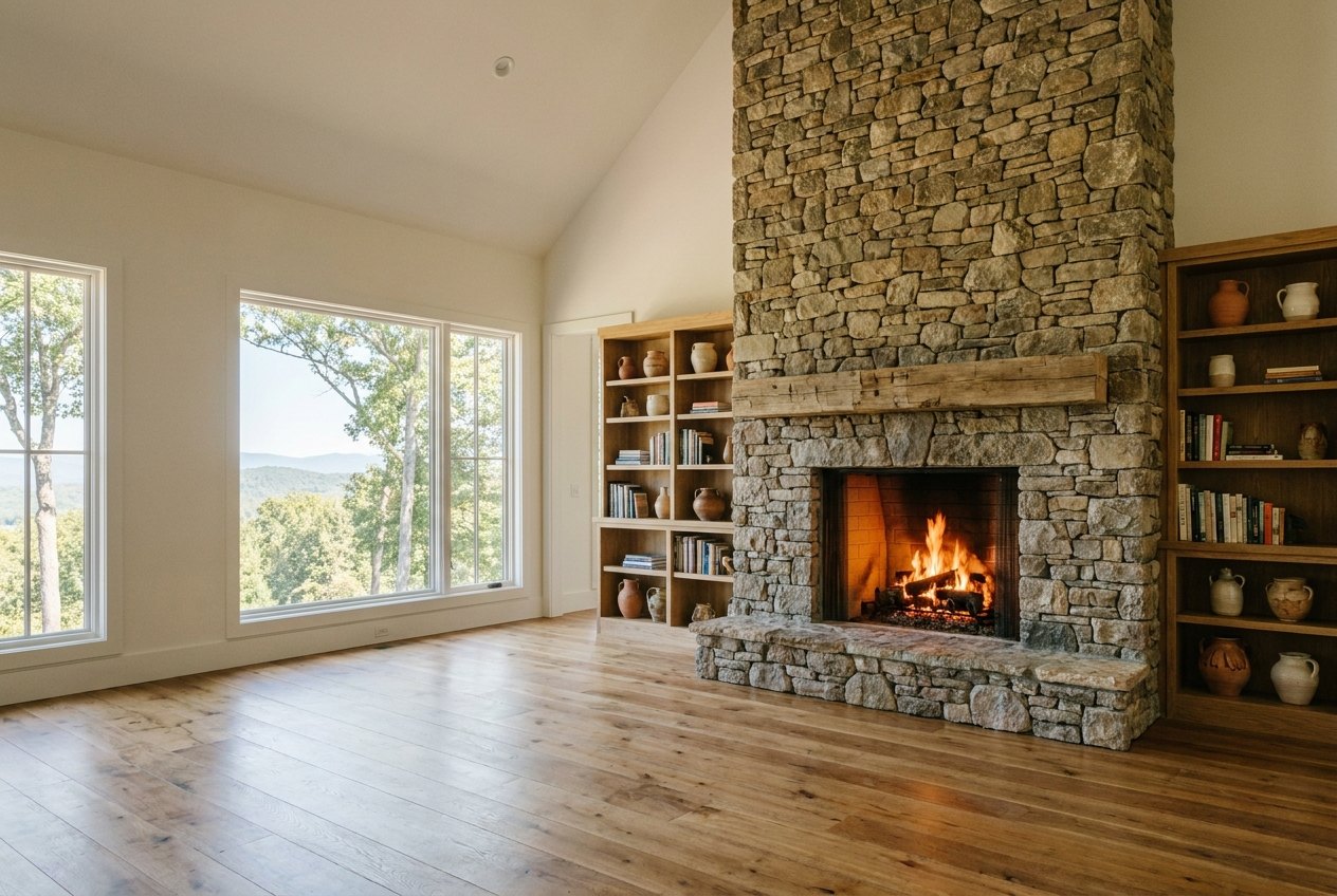 Grand stone fireplace interior